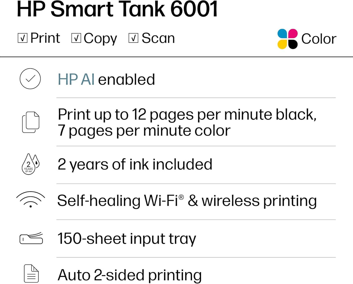 HP Smart Tank 6001 Wireless All-in-One Ink Tank Printer, Scanner, Copier with 2 Years of Ink Included, Best-for-Home, Cartridge-Free Refillable, AI-Enabled (2H0B9A)