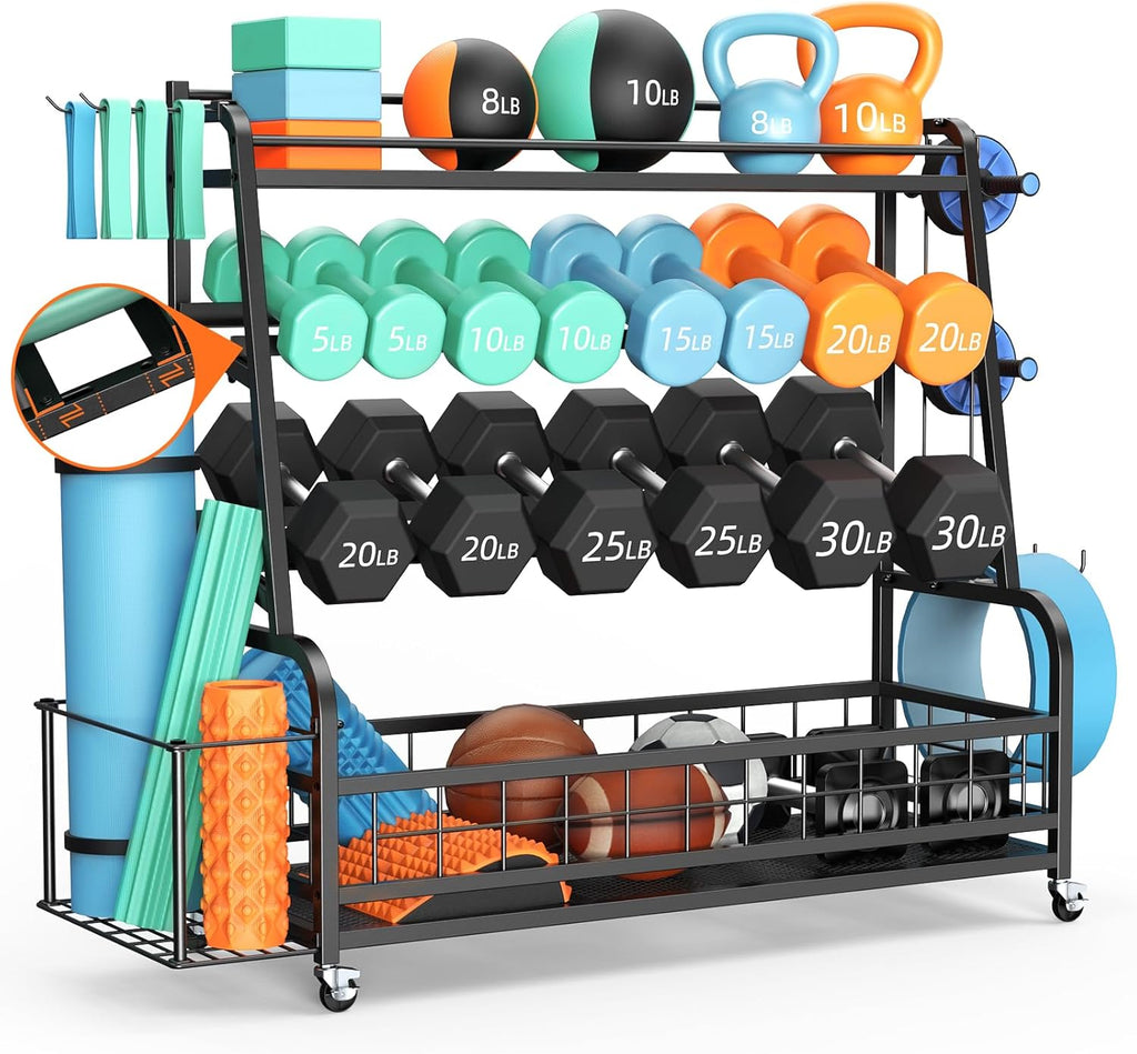 Dumbbell Rack Weight Stand - 4-Tier Adjustable Weight Rack for Dumbbells, Home Gym Storage Rack for Yoga Mat Foam Roller Kettlebells, Workout Equipment Storage Organizer With Wheels and Hooks