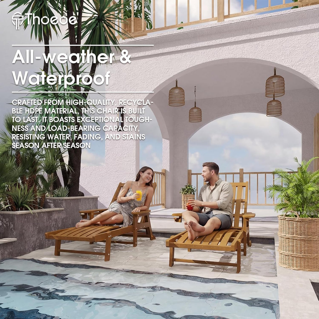 THOEOE Patio Chaise Lounge Chair, Oversized Lounge Chair Outdoor with 5 Positions, 78″ Long, HDPE, Patio Lounge Chair with Wheels & Cup Holder for Pool, Deck, Poolside,Wood