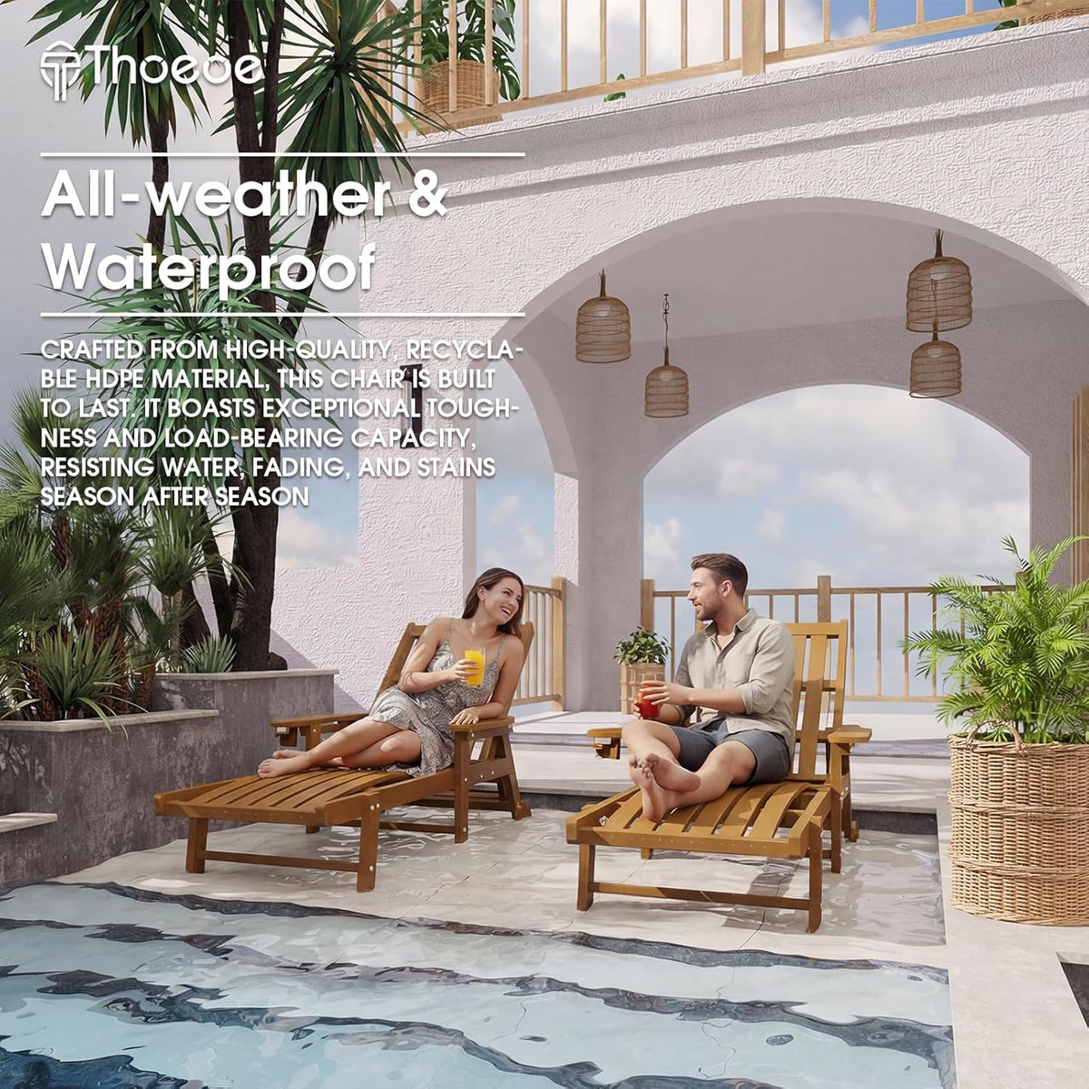 THOEOE Patio Chaise Lounge Chair, Oversized Lounge Chair Outdoor with 5 Positions, 78″ Long, HDPE, Patio Lounge Chair with Wheels & Cup Holder for Pool, Deck, Poolside,Wood