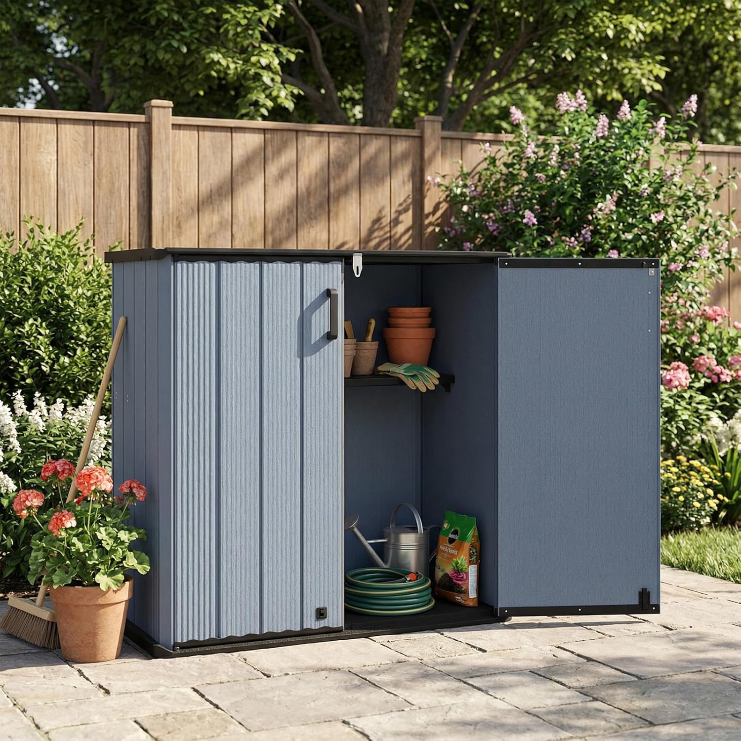 Tangkula 23.5 Cu.ft Outdoor Storage Shed, All-Weather Resin Patio Storage Box with Floor, Lockable Door & Removable Shelf, Waterproof Deck Box for Garden Tools