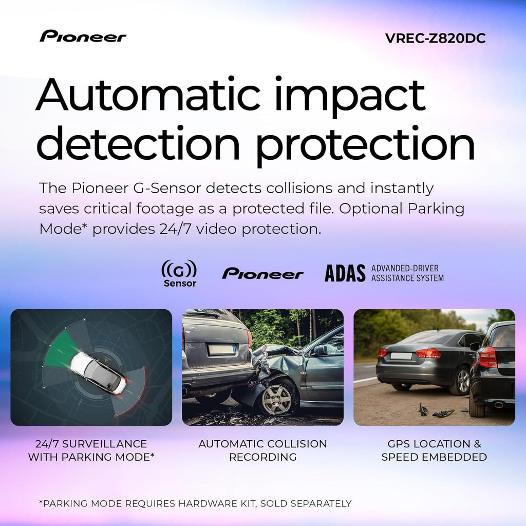 Pioneer VREC-Z820DC Dual Dash Cam Front and Rear Car Camera - Premium 4K Camera, AI-ISP Starvis Night Vision, 139 Degree Wide Lens, ADAS Safety Alerts, Built in GPS, Impact Detection, 24/7 Coverage