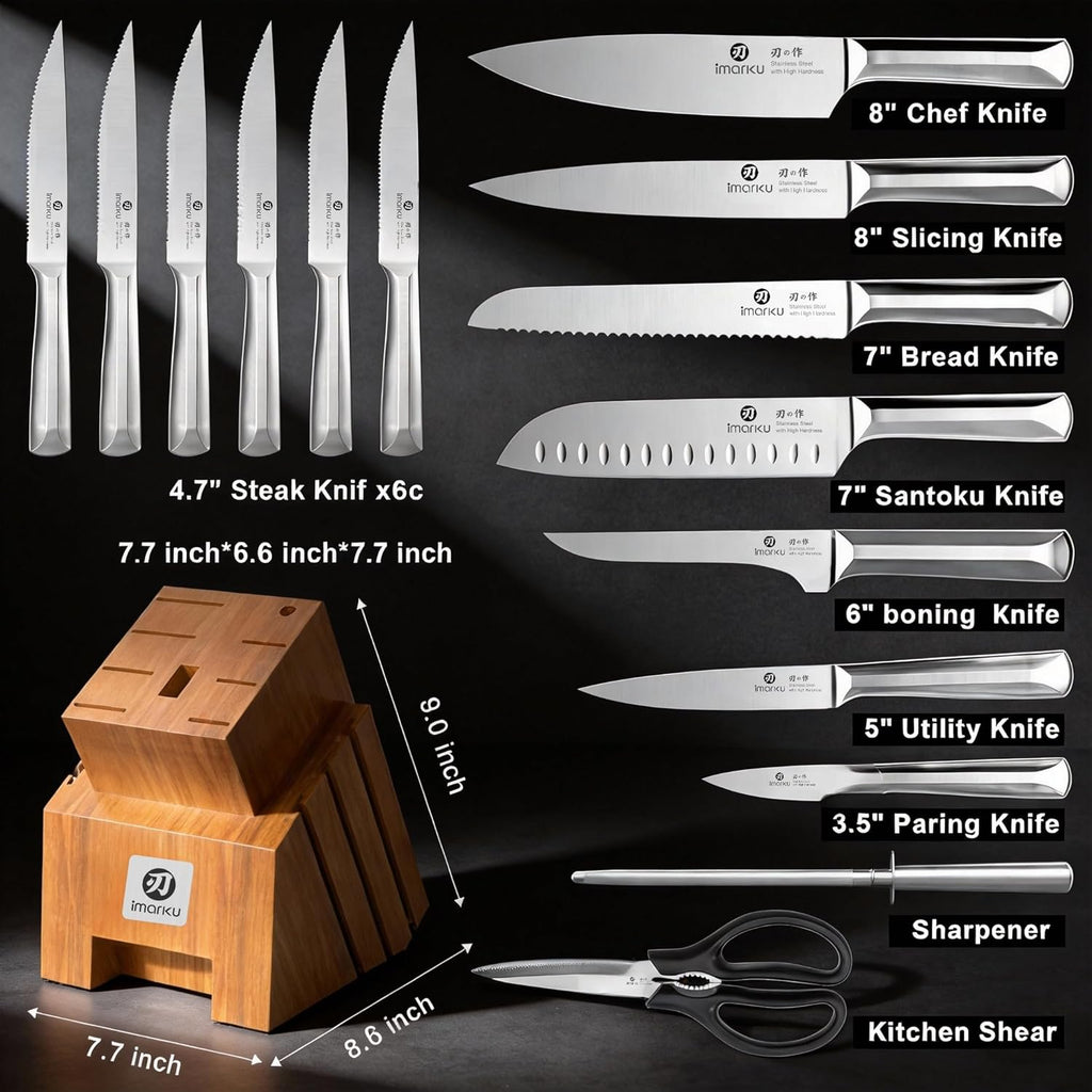 imarku Knife Set, Kitchen Knife Set with Block & Sharpener, 16PCS Japanese High Carbon Stainless Steel Ultra Sharp Knife Block Set, Ergonomic Non-Slip Handle, Dishwasher Safe, Perfect Gifts