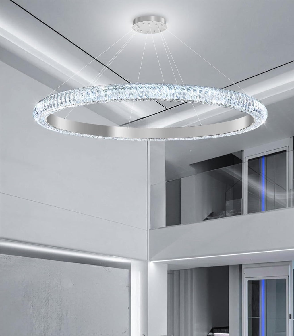40" 1 Ring Crystal Chandelier Modern LED Dimmable Ring Pendant Light Chandelier for Dining Room Living Room Silver
