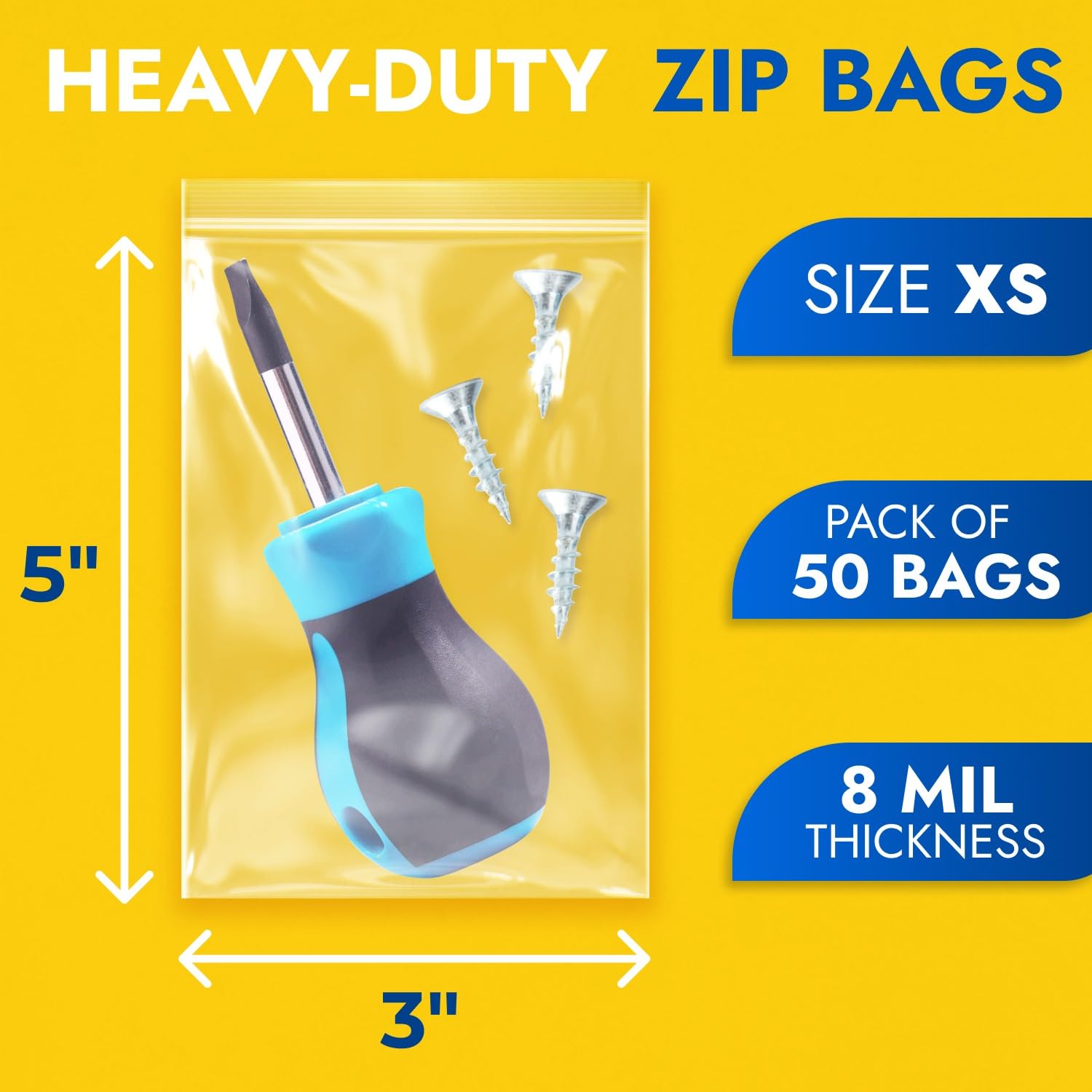 Extra Thick 8 Mil Reclosable Zip Bags 3" x 5", Pack of 50, Extra Durability, Waterproof, Heavy-Duty, Poly Zip Seal Lock Clear Resealable Bags