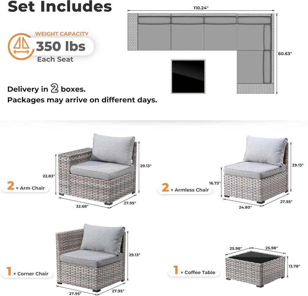 ovios 6 Pieces Patio Furniture Set, Outdoor Wicker Sectional Sofa with Coffee Table Comfy Cushions, Modern Modular Deep Seat Couch Rattan Conversation Set, Dark Grey