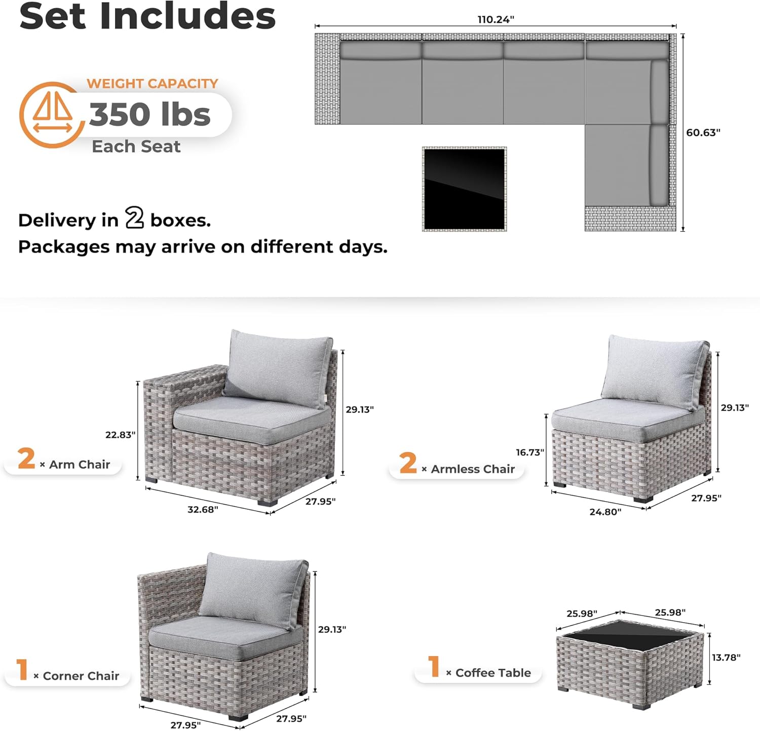 ovios 6 Pieces Patio Furniture Set, Outdoor Wicker Sectional Sofa with Coffee Table Comfy Cushions, Modern Modular Deep Seat Couch Rattan Conversation Set, Dark Grey