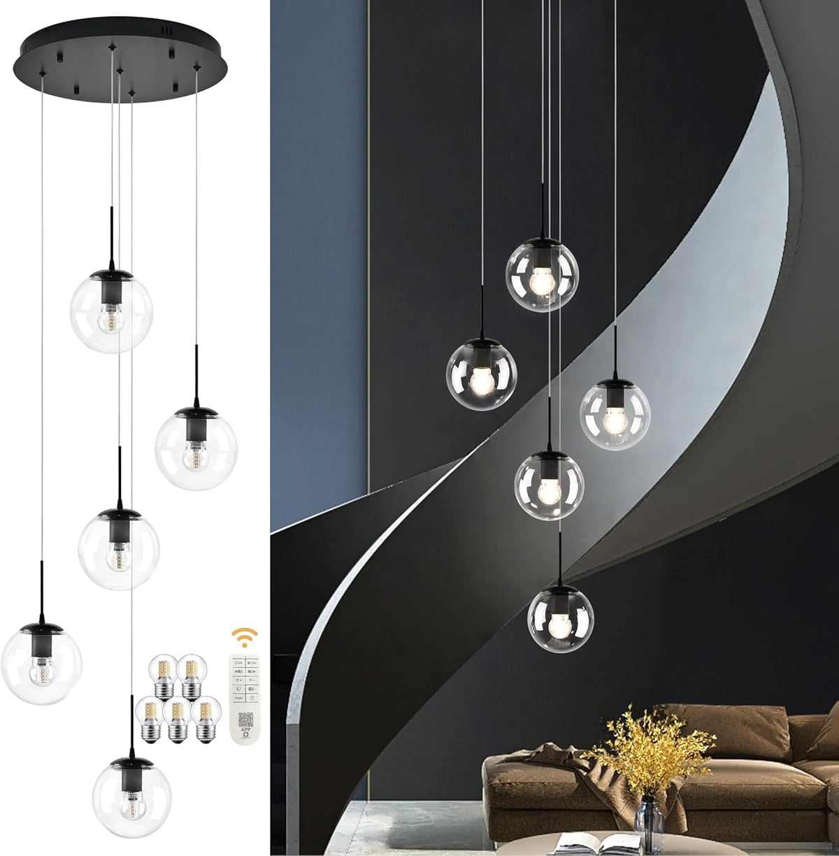 KoKo&Yukina 5-Light Black Clear Globe Glass Chandelier Globe Glass Pendant Light Adjustable Length Pendant Lights Modern High Ceiling Lights Fixtures for Foyer Staircase Entryway (Bulb & Remote Incl)