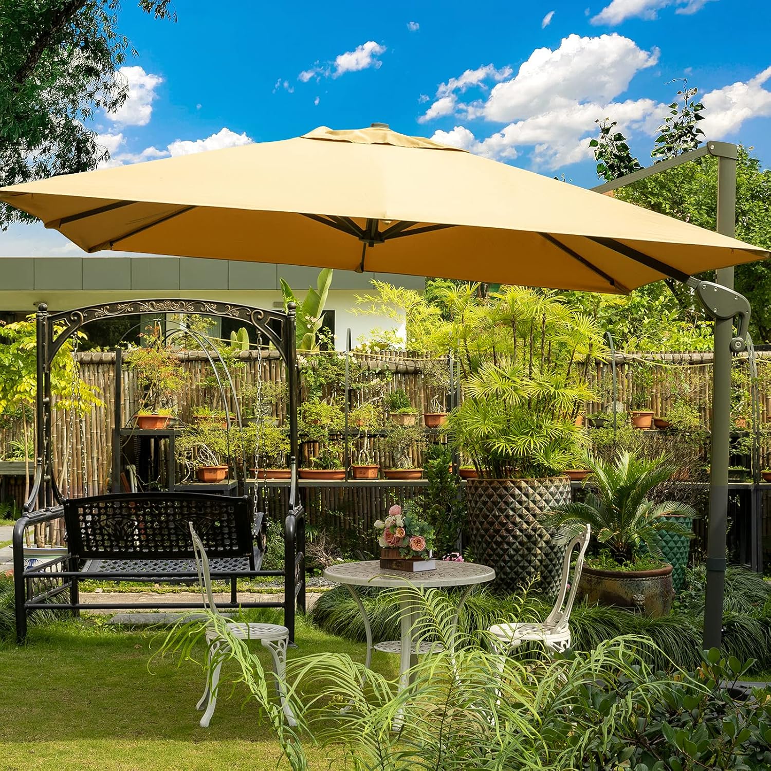 Sunnyglade 10x13Ft Cantilever Patio Umbrella Rectangular Deluxe Offset 360°Rotation & Integrated Tilting System Hanging Umbrella for Market Garden Deck Pool Backyard Patio (Tan)