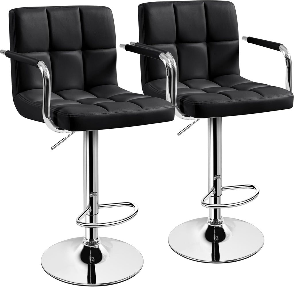 Yaheetech Bar Stools Set of 2, PU Leather Height Adjustable Swivel Barstools, Hydraulic Kitchen Counter Height Bar Chairs with Armrest and Back for Kitchen, Dining Room, Black