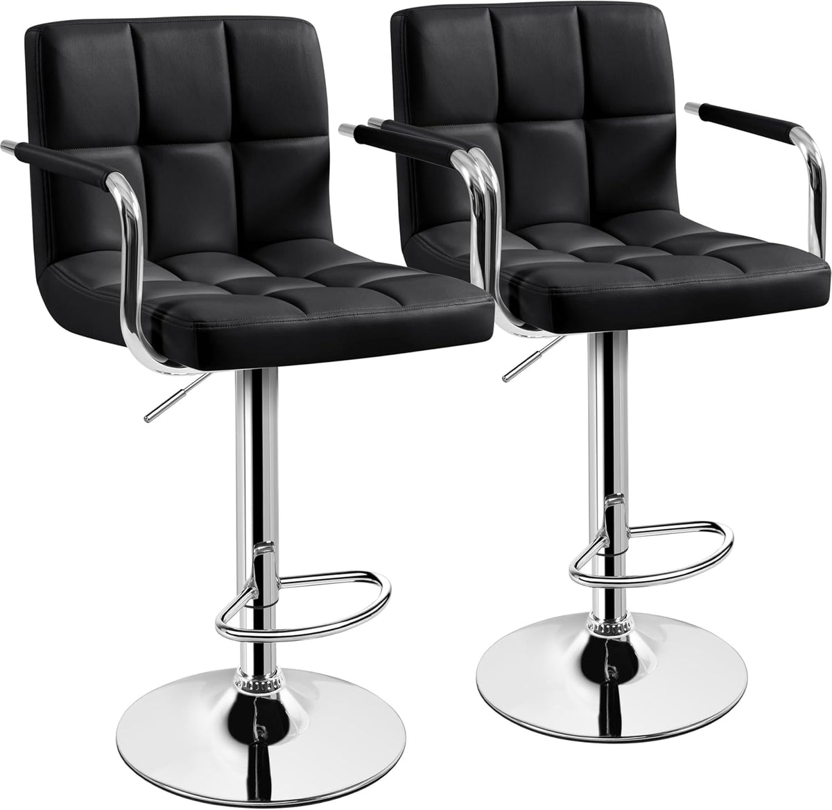 Yaheetech Bar Stools Set of 2, PU Leather Height Adjustable Swivel Barstools, Hydraulic Kitchen Counter Height Bar Chairs with Armrest and Back for Kitchen, Dining Room, Black