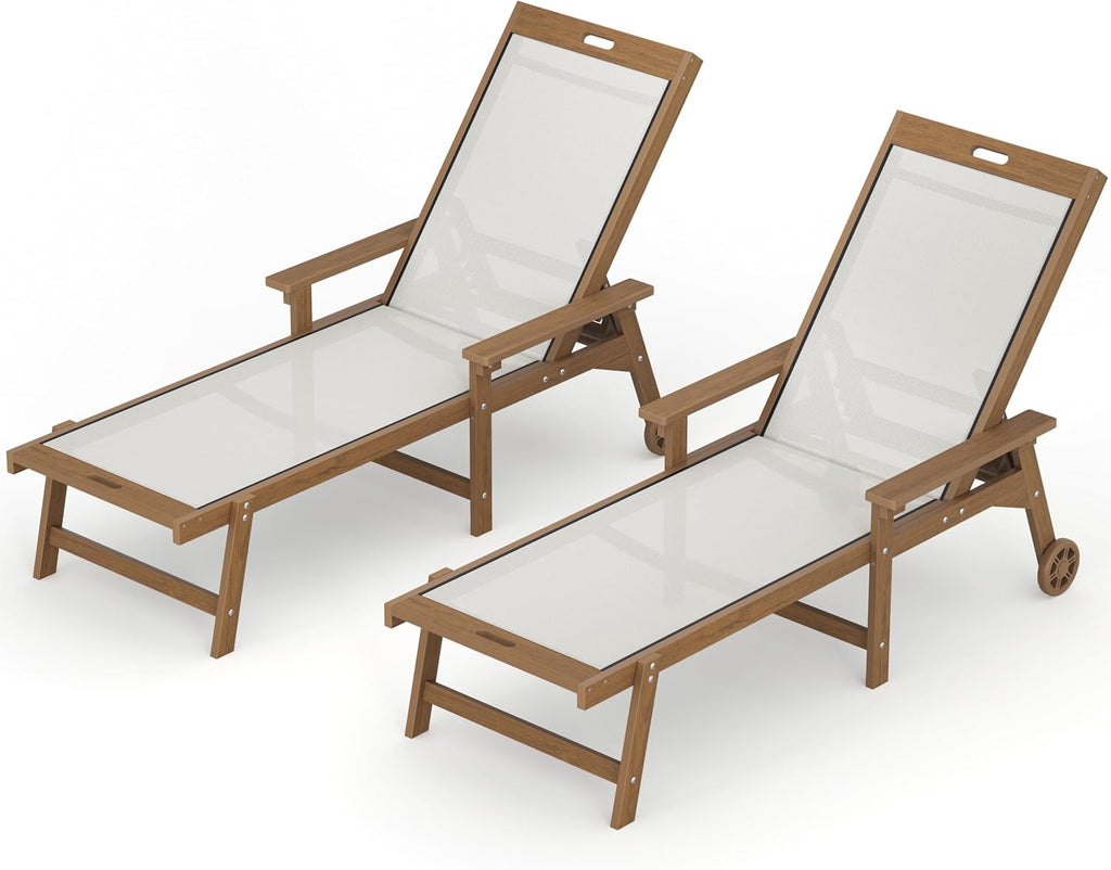 LUE BONA Chaise Lounge Chair Outdoor Set of 2, HDPS and HDPE Wicker Chaise Lounger with 5 Positions, Pool Lounge Chairs with Wheels and Adjustable Backrest for Patio, Poolside, Deck, Backyard