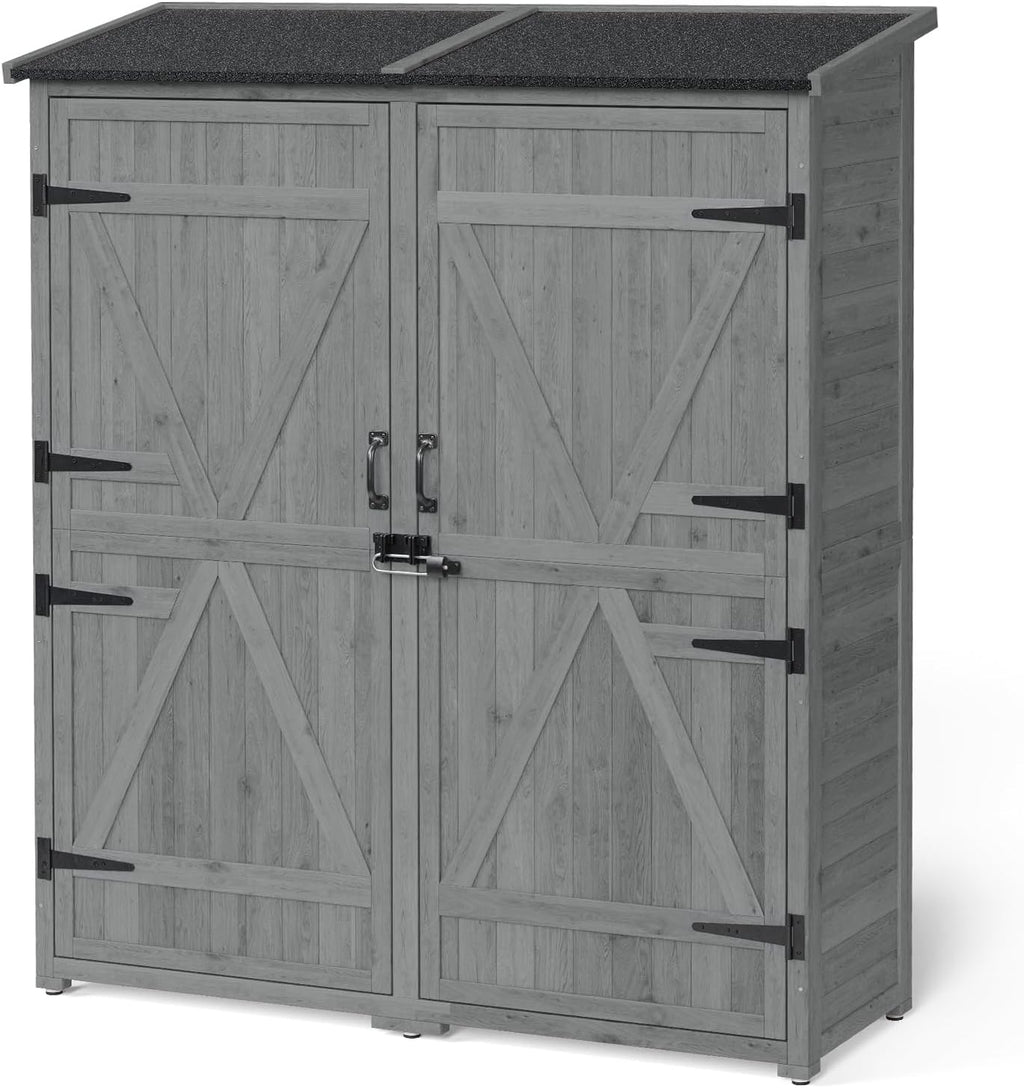 Gizoon Outdoor Storage Cabinet with Waterproof Roof, Double Lockable Doors Garden Shed with 2 Removable Shelves, Wooden Storage Shed with Large Storage Space for Patio, Garden, Backyard, Lawn, Grey