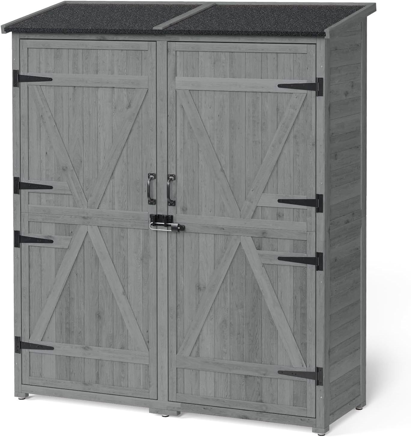 Gizoon Outdoor Storage Cabinet with Waterproof Roof, Double Lockable Doors Garden Shed with 2 Removable Shelves, Wooden Storage Shed with Large Storage Space for Patio, Garden, Backyard, Lawn, Grey