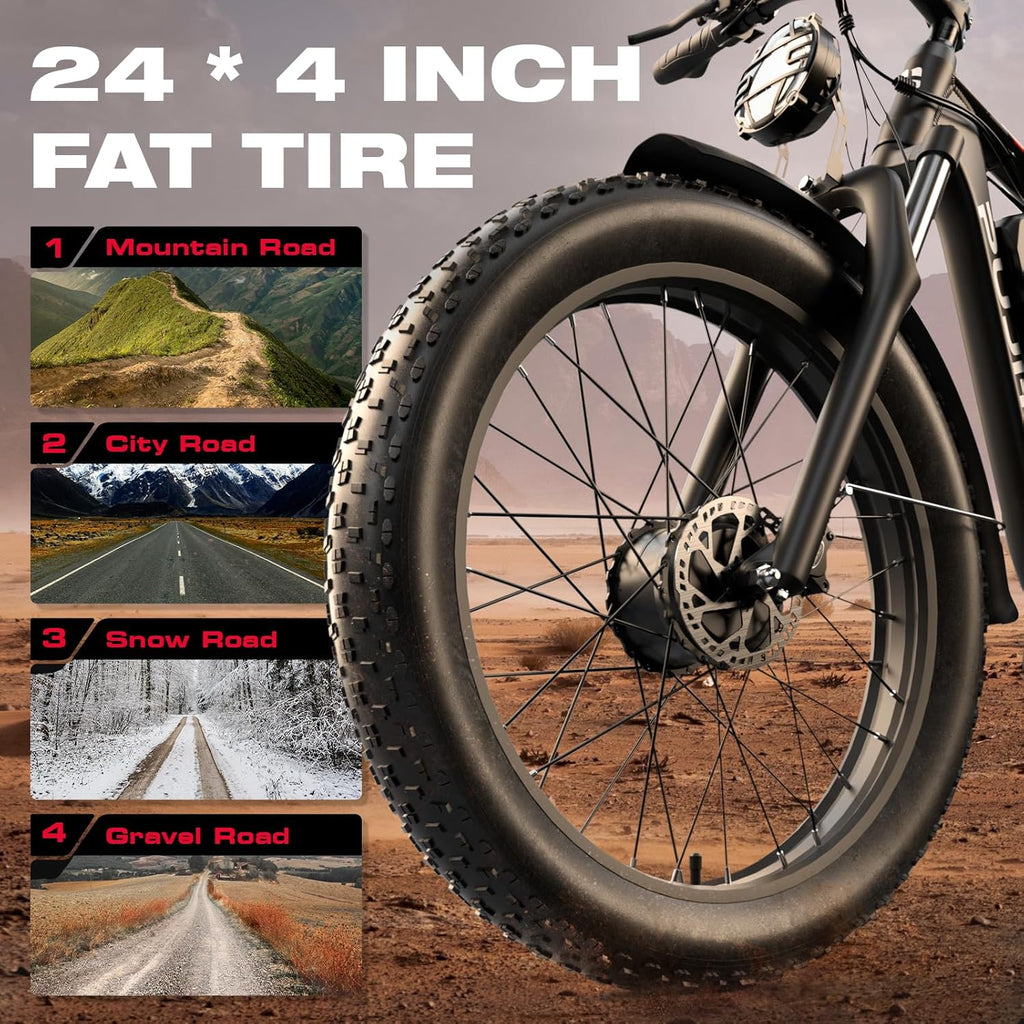 4000W Dual Motor Ebike with 52V 25Ah Removable Battery for Adults,Max Speed 38MPH Up to 100 Miles,24" Fat Tire Electric Bike for Snow Off-Road Commuter E-Bike for Men
