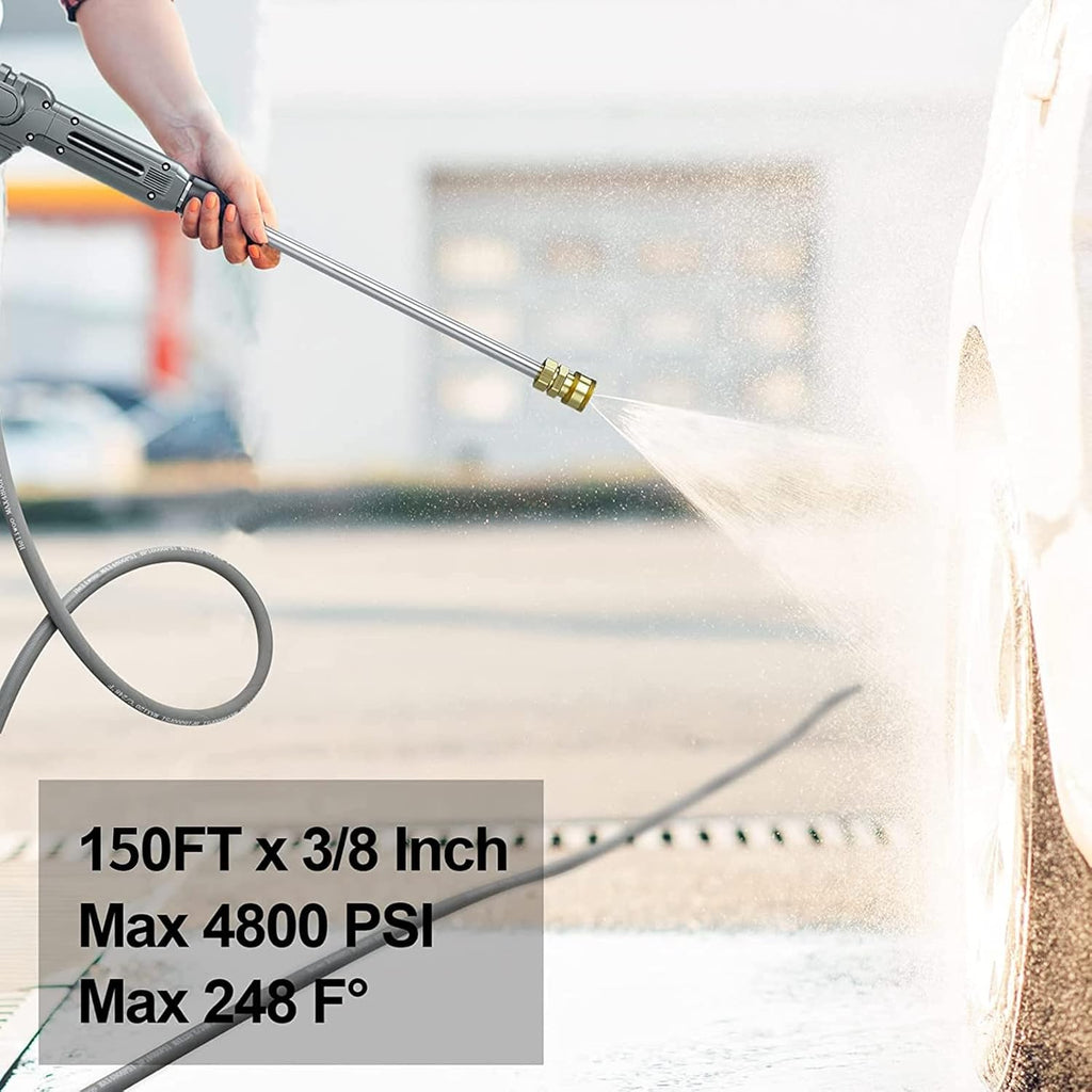 3/8'' Pressure Washer Hose 150 FT, Hot and Cold Water Power Washer Hose Max 248°F, 3/8 Quick Connect Commercial Industrial Grade Steel Wire Braided Kink Proof Extension Hose -4800 PSI