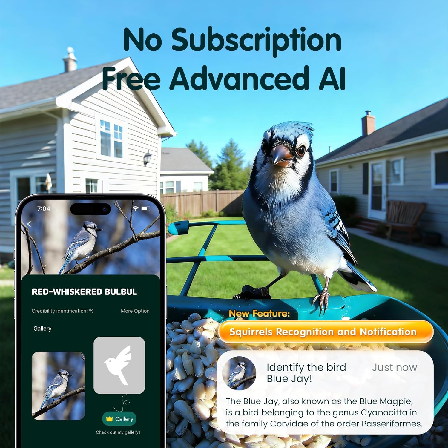 Bird Feeder with Camera, 4K Ultra HD Video with 30fps Live View, 10x Slow Motion, No Subscription, Solar Powered AI Smart Bird Feeder with Camera, 2.4G/5G Wi-Fi, Durable Metal,Bird Lover Gift