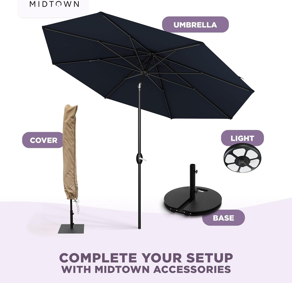 Midtown Umbrellas – The Lean 9 Ft Patio Umbrella with 10-Year-No-Fade Acrylast Acrylic Fabric, Auto-Tilt and 8 Reinforced Ribs for Deck, Pool, Garden, Hotel & Cafes – Harbor Navy Canopy, Black Pole