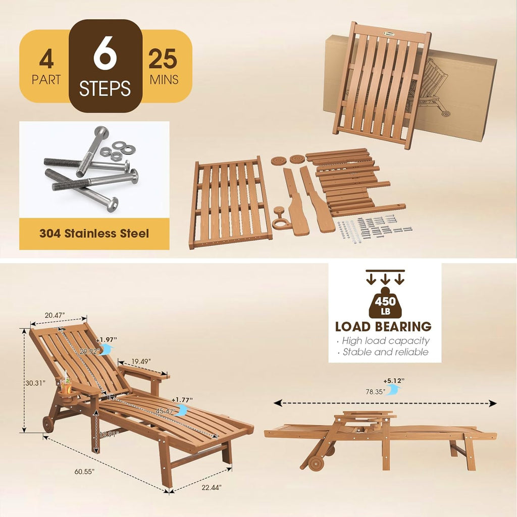 THOEOE Patio Chaise Lounge Chair, Oversized Lounge Chair Outdoor with 5 Positions, 78″ Long, HDPE, Patio Lounge Chair with Wheels & Cup Holder for Pool, Deck, Poolside,Wood