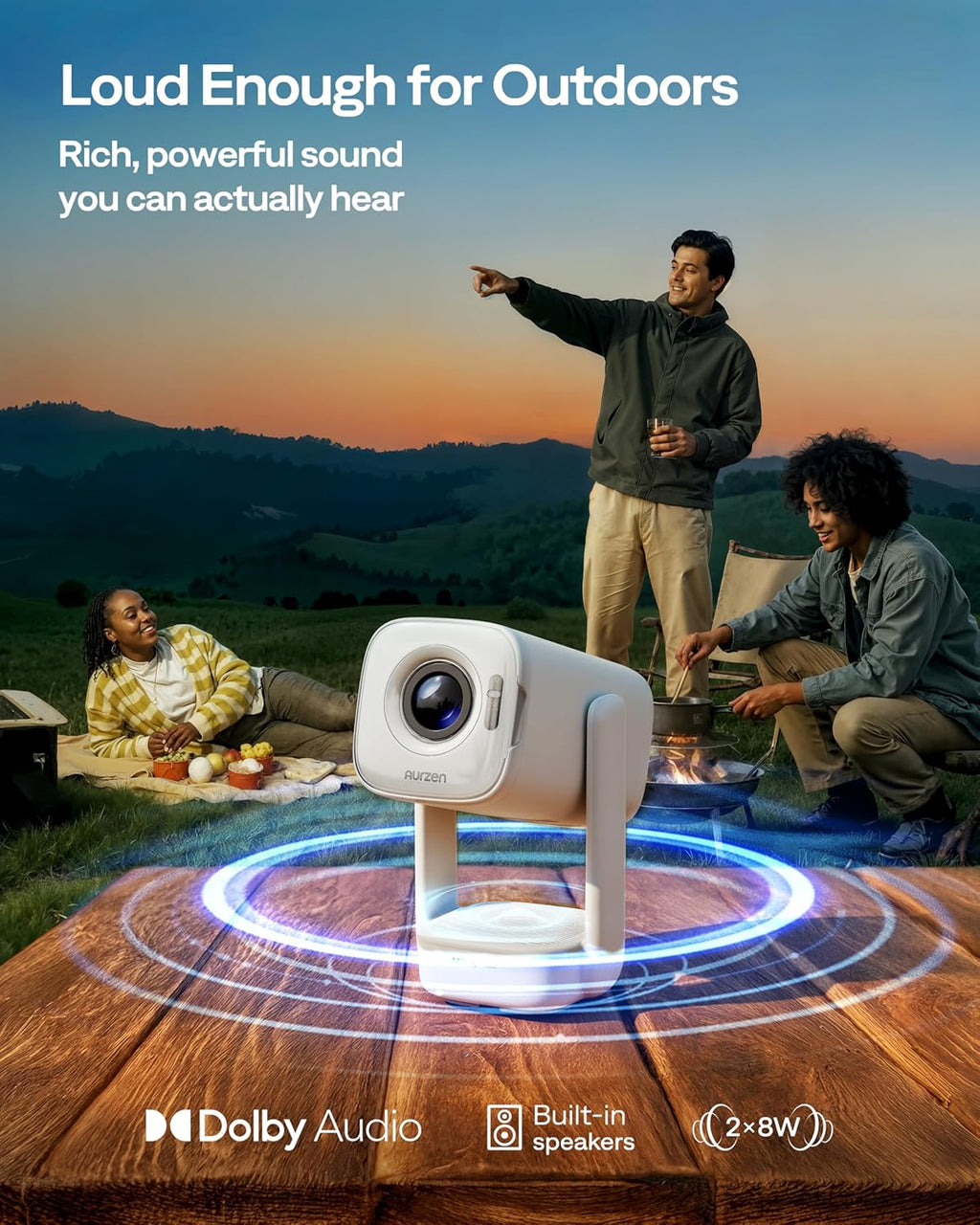 Aurzen D1 air Smart Portable Projector with WiFi and Bluetooth, USB-C Powered, Easy Auto Setup, 16W Dolby Audio, Built-in Apps, Native 1080P HDR10, Outdoor Movie Projector, White