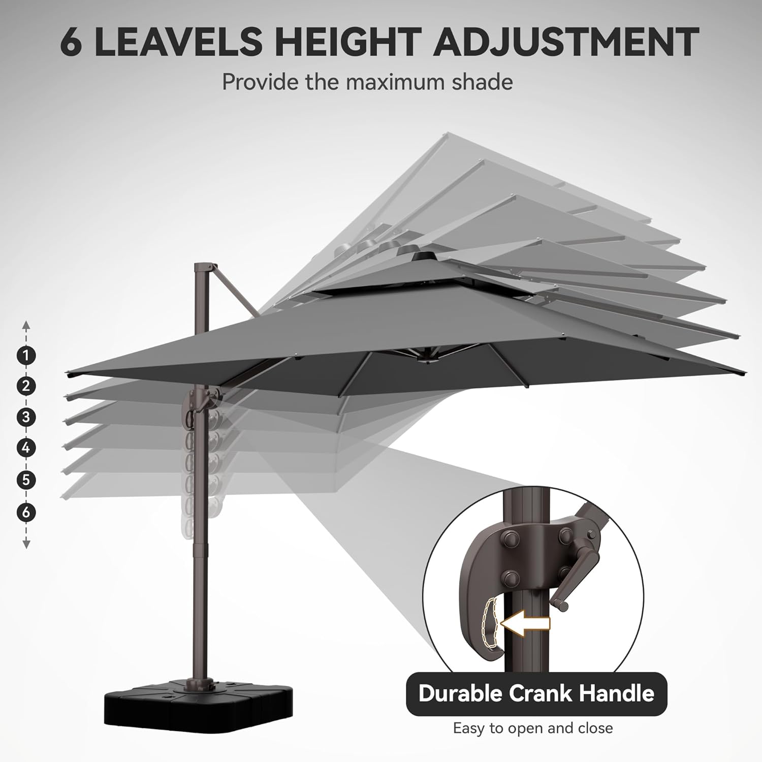 GENTEACO 10X10 FT Cantilever Umbrella with Base Included, Large Offset Patio Umbrella with Double Top, 6 Angle Tilts & 360° Rotation, Large Square Sun Umbrellas for Outdoor Pool Market, Grey
