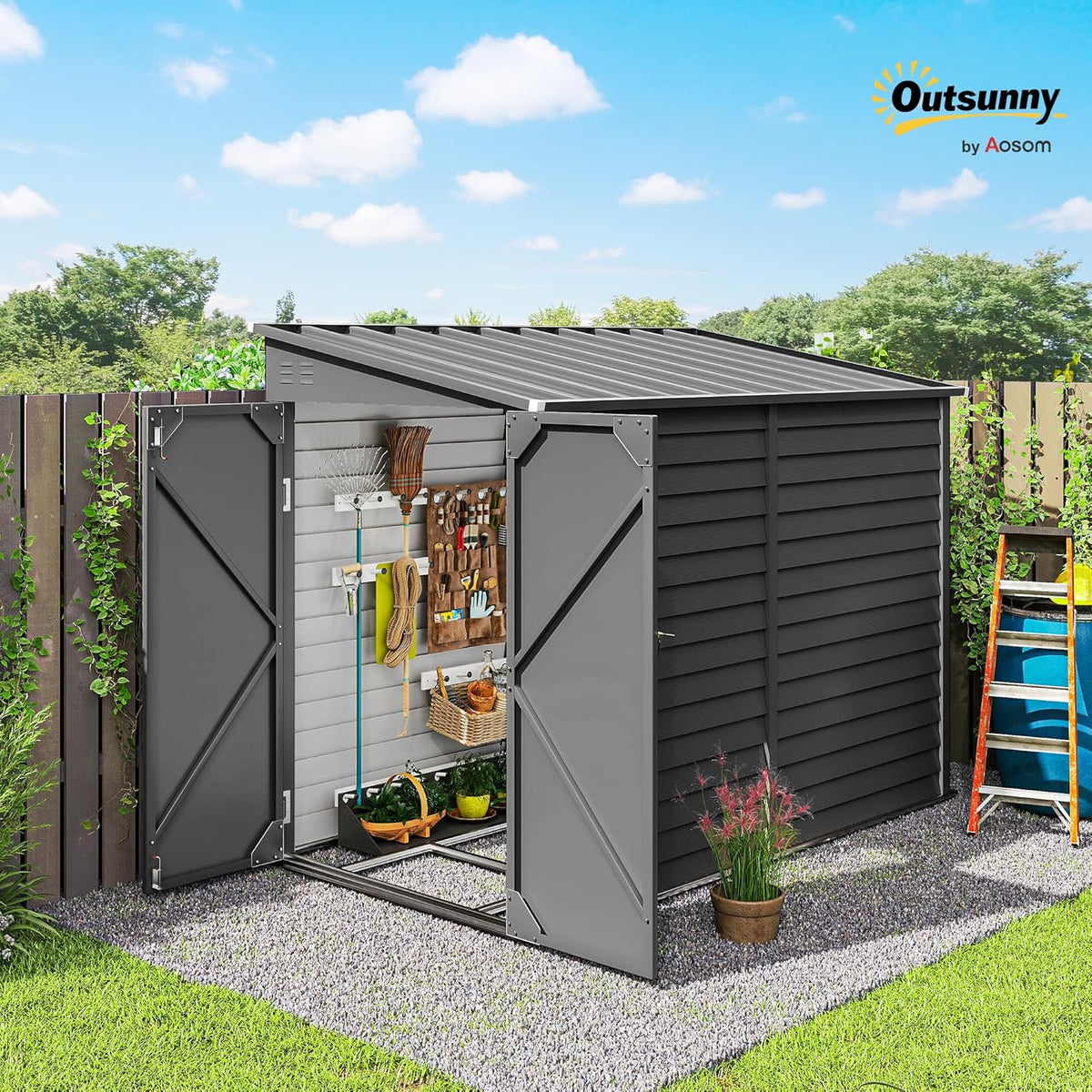 Outsunny 4.6' x 9' Steel Outdoor Storage Shed, Waterproof Lean to Shed, Metal Garden Tool House with Foundation Kit, Lockable Doors, Gloves and 2 Air Vents for Backyard, Patio, Lawn, Dark Gray