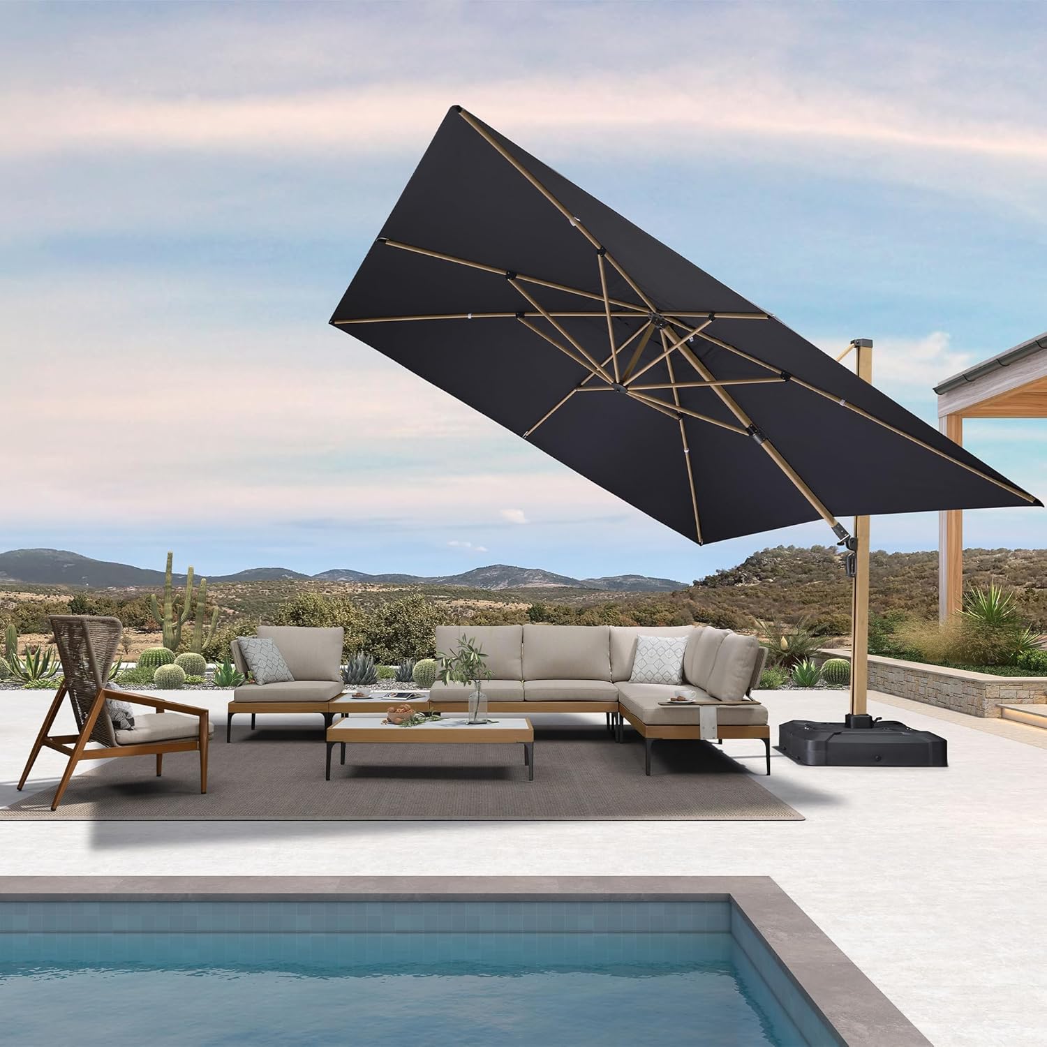 PURPLE LEAF 12FT Patio Umbrella Square Cantilever Umbrella Teak Finished Aluminum Frame Large Windproof Offset Outdoor Sun Umbrellas for Beach Pool Deck, Grey