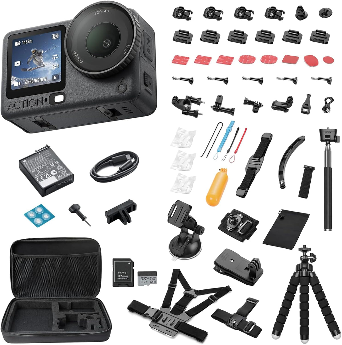 DJI Osmo Action 6 8K Waterproof Action Camera Bundle, 1/1.1" Square Sensor, Variable Aperture of f/2.0–f/4.0, 50GB Built-In Storage, Original Essential Combo + 58 Piece Accessory Kit + Extra 64GB Card