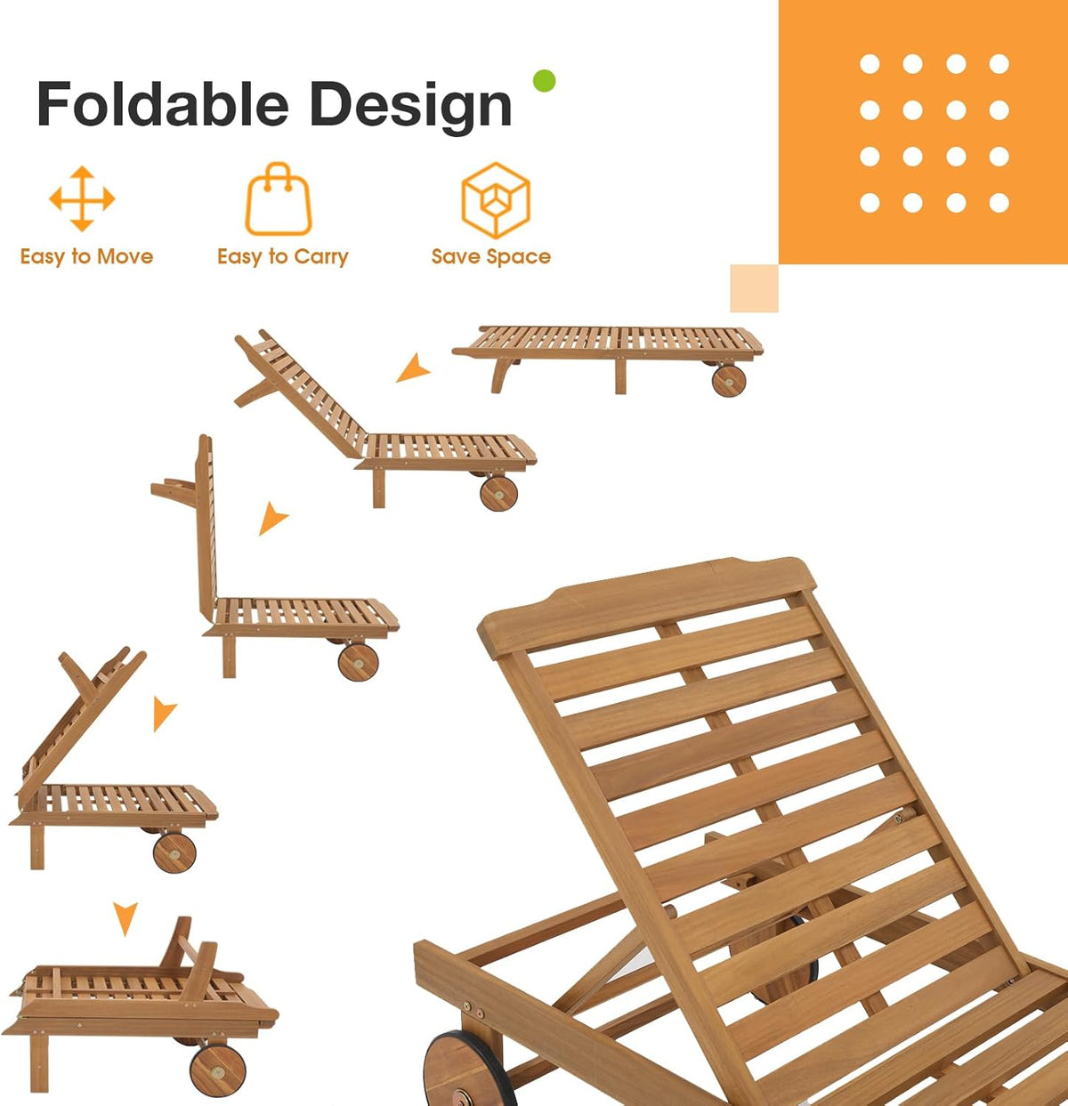 Patiorama Patio Acacia Wood Chaise Lounge Set of 2, Outdoor Folding Lounge Chair Recliner w/Adjustable Backrest, Wheels, Padded Cushion, Portable Sun Lounger Pool Chair for Deck, FSC Certified, Cream