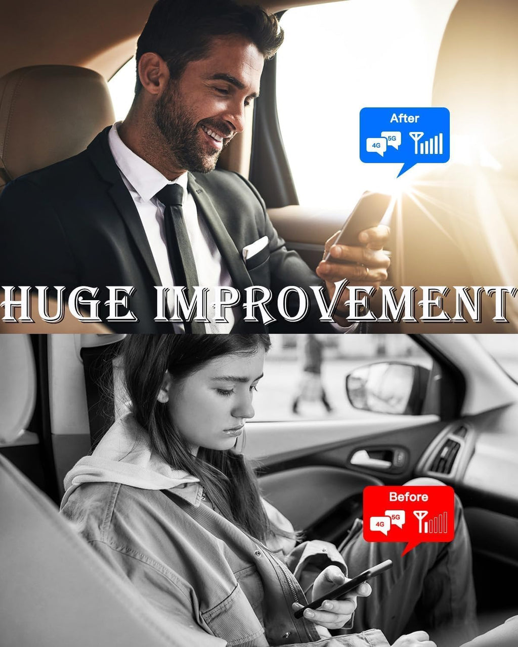 Upgarde Cell Booster for Car, Truck Cell Phone Signal Booster on Band 2/4/5/12/13/17/25/66 for 5G Support All U.S.Carriers AT&T T-Mobile Verizon and More Cellphone Booster for RV Car Vehicle Call/Data