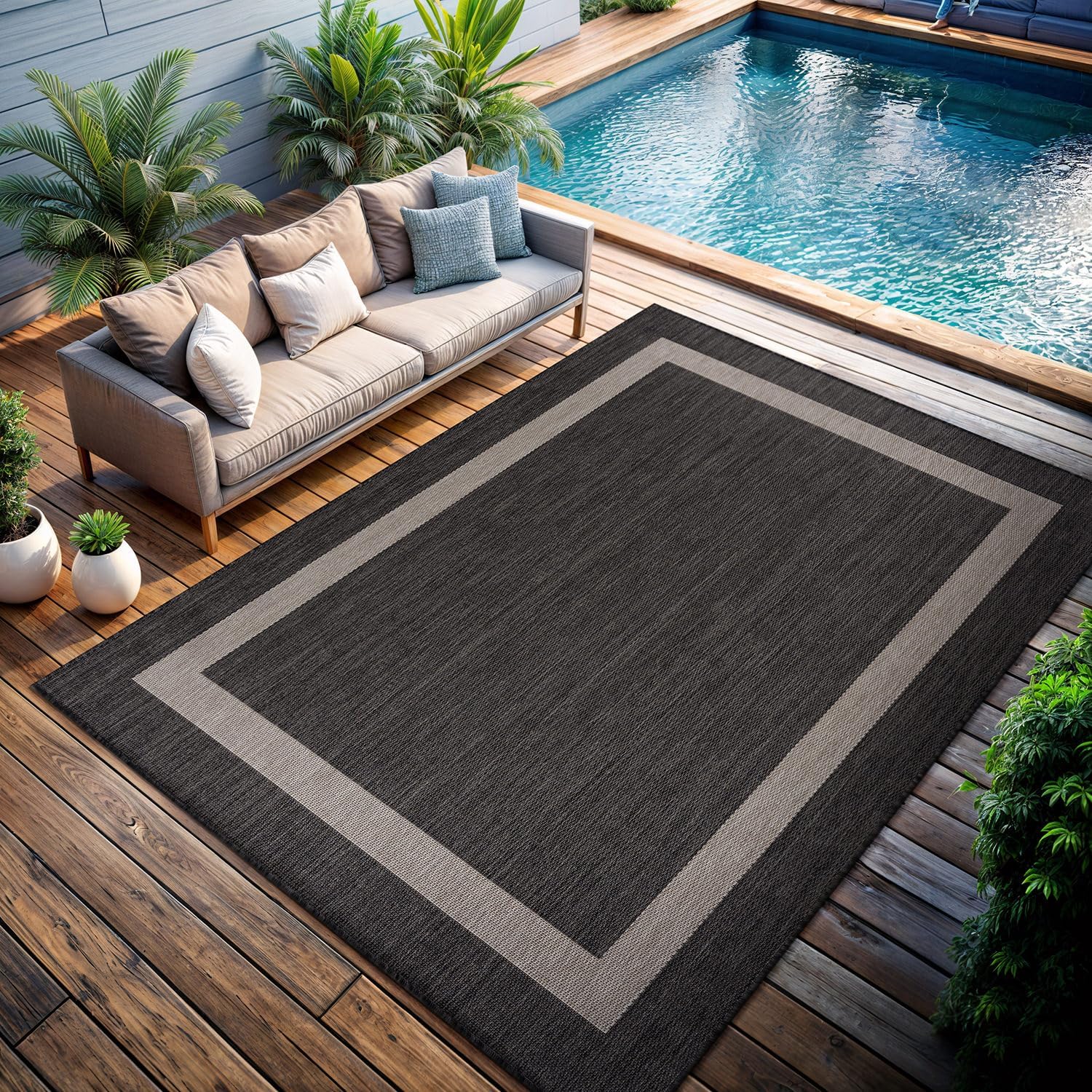 CAMILSON Outdoor Rug 9x12, Large Modern Outside Rugs for Patios Porches Waterproof Durable Washable Non-Shedding, Easy-to-Clean Indoor Outdoor Area Carpet (9 x 12, Bordered - Dark Gray/Light Gray)