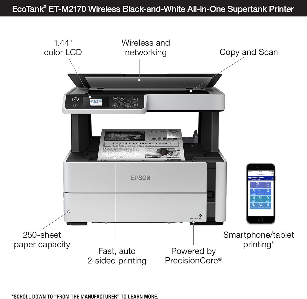Epson EcoTank ET-M2170 Wireless Monochrome All-in-One Supertank Printer with Ethernet PLUS 2 Years of Unlimited Ink*,White