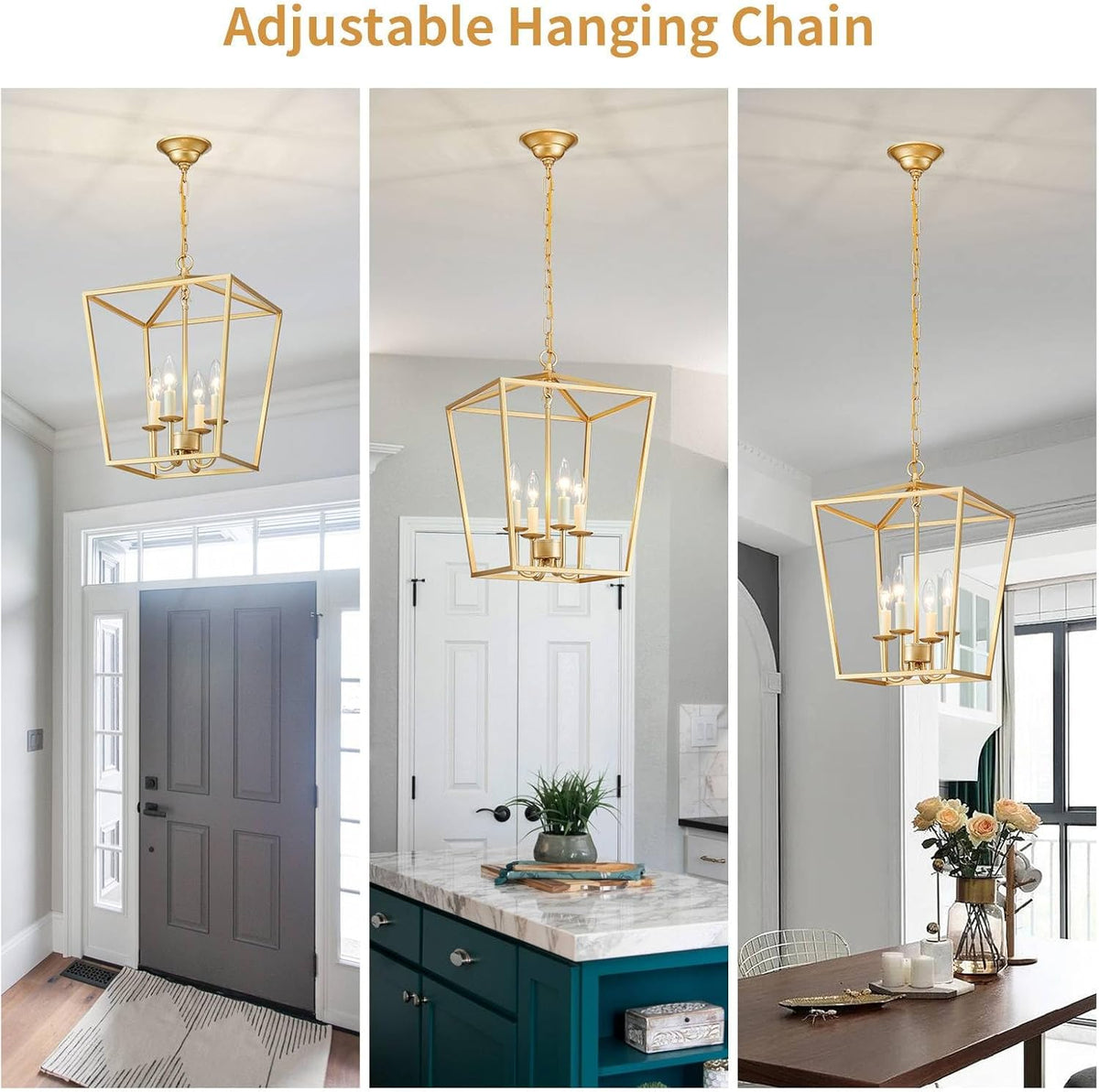 ANJIADENGSHI Vintage Lantern Pendant Light 4 Light Lantern Chandelier Farmhouse Gold Pendant Light for Kitchen Island Entryway Dining Room Hallway Bar Cafe(Bulbs Not Included)