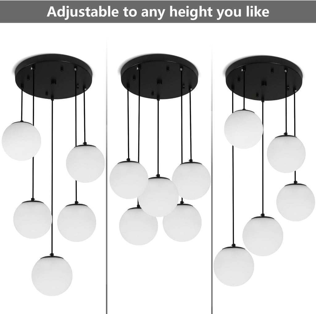Globe Cluster Chandelier 5-Light, Black Modern Cluster Chandelier with Milk White Glass, Adjustable Globe Staircase Pendant Light for Kitchen Island Dining Room