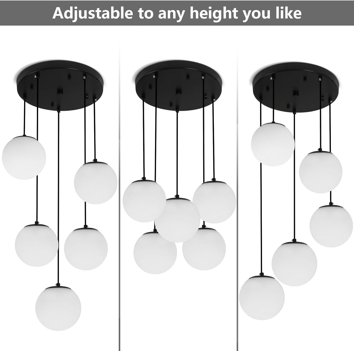 Globe Cluster Chandelier 5-Light, Black Modern Cluster Chandelier with Milk White Glass, Adjustable Globe Staircase Pendant Light for Kitchen Island Dining Room
