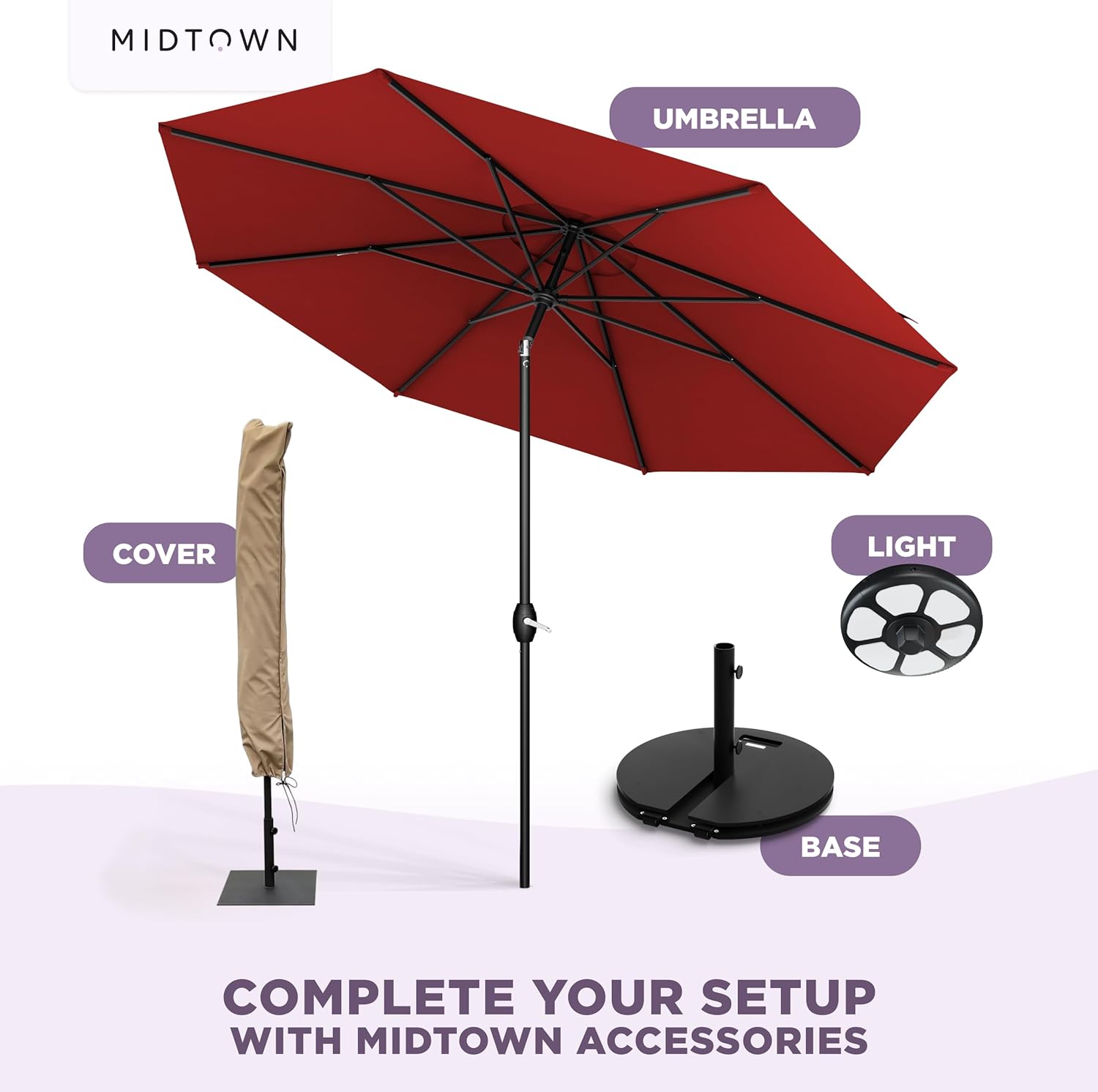 Midtown Umbrellas - The Lean 9 Ft Patio Umbrella with Fade-Resistant Sunbrella Fabric, Auto-Tilt Aluminum Frame and 8 Reinforced Ribs for Deck, Pool & Garden - Red Canopy, Black Pole