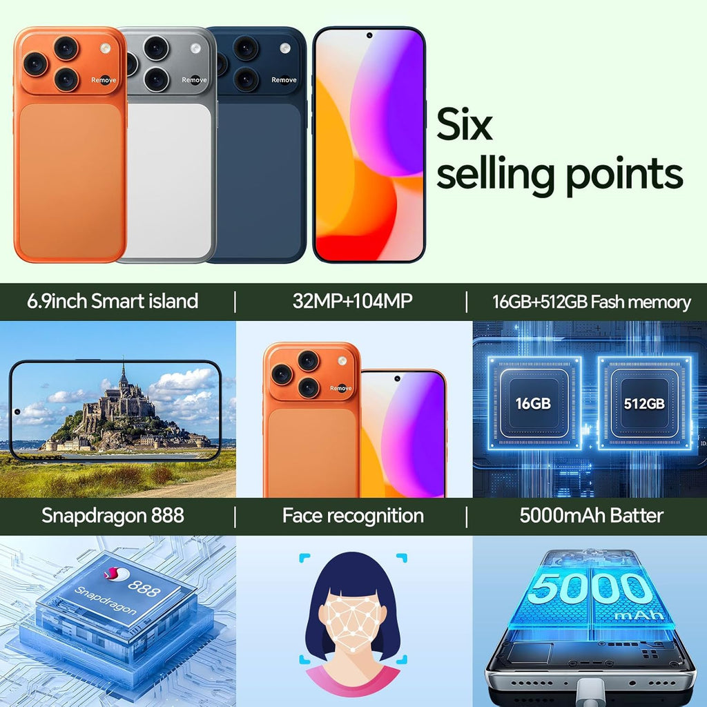 Unlocked Phones, IK17 Android 15 Smartphone, Cell Phones with 5000mAh Battery, Snapdragon 888, 16GB RAM+512GB ROM, 104MP+32MP Camera, 6.9" QHD+ 3040×1440 Screen, 5G/Dual SIM/GPS/WiFi