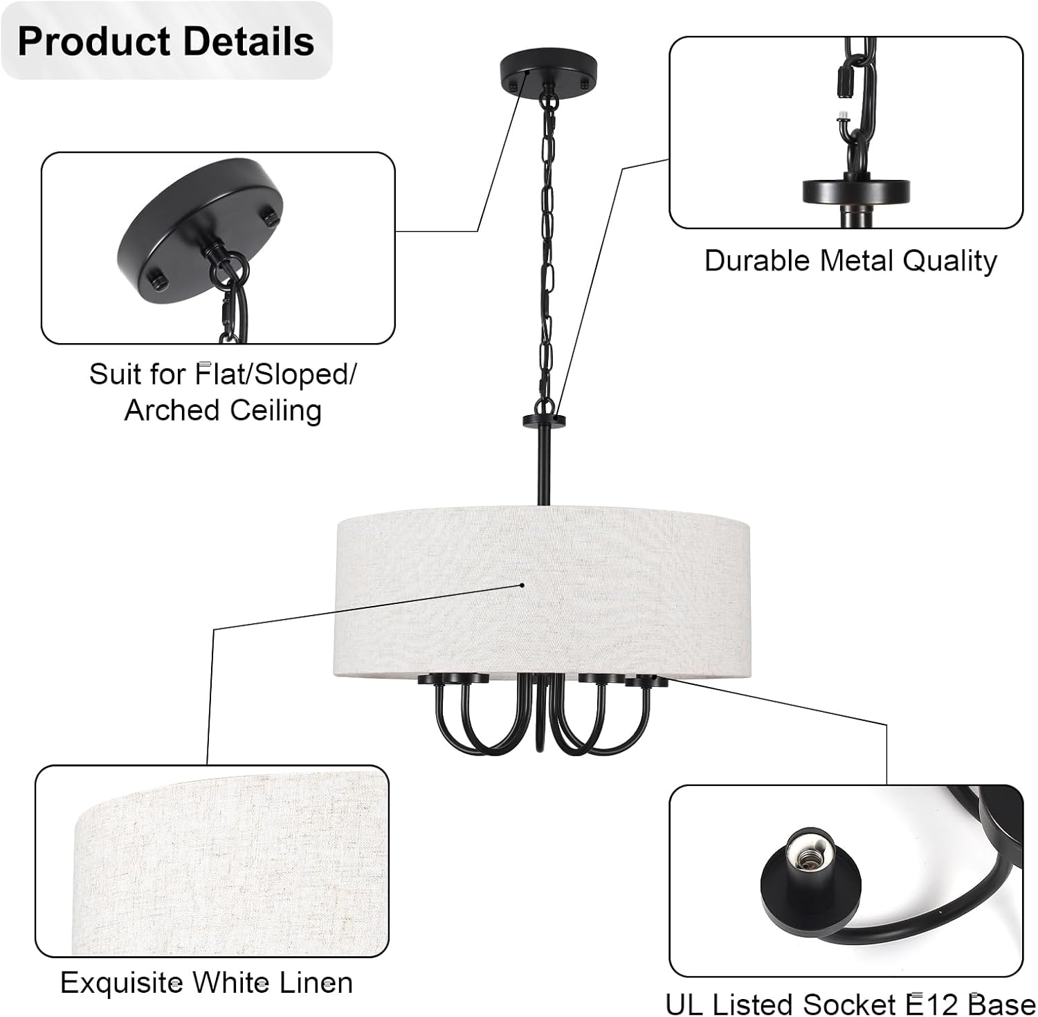 Drum Chandelier 5 Light 19" Dining Room Chandeliers Modern Black Farmhouse Chandelier White Linen Drum Shade Pendant Light Fixture for Living Room Bedroom Hallway