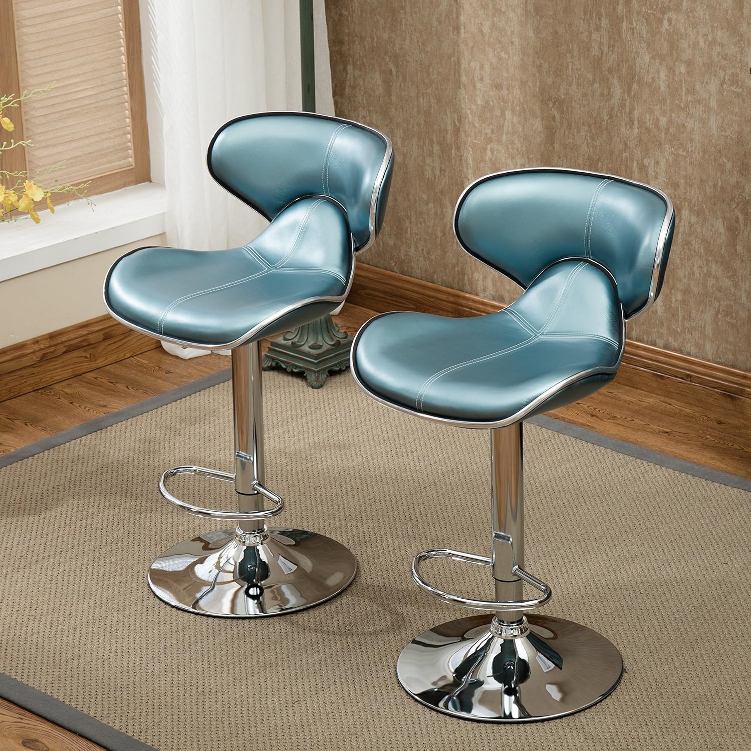 Roundhill Furniture Masaccio Cushioned Leatherette Upholstery Airlift Adjustable Swivel Barstool with Chrome Base, Set of 2, Blue