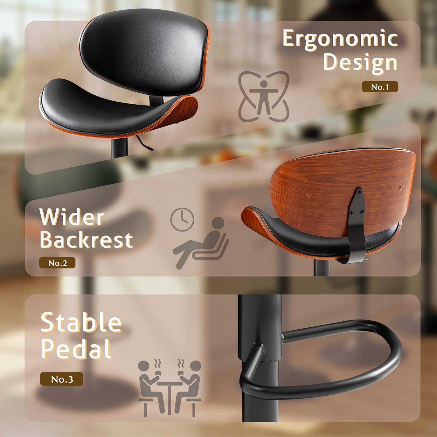 Furmax Bar Stools Set of 2 Adjustable Swivel Bentwood Barstools PU Leather Modern Bar Chairs with Back & Footrest for Bar, Kitchen Island, Dining Room (Black, Set of 2)