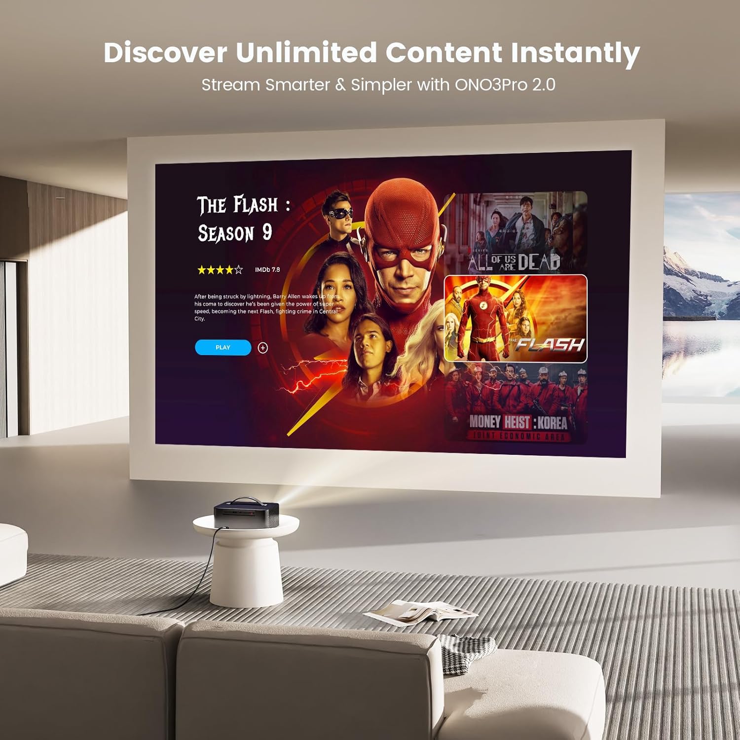 Outdoor-Projector-4K with WiFi and Bluetooth: 3000 Brightness/50W DoIby/Built-in APPs Portable-Projector Smart OS 2.0&AI Auto Focus, ONOAYO Movie Proyector Compatible with Netflix/YouTube/PrimeVideo
