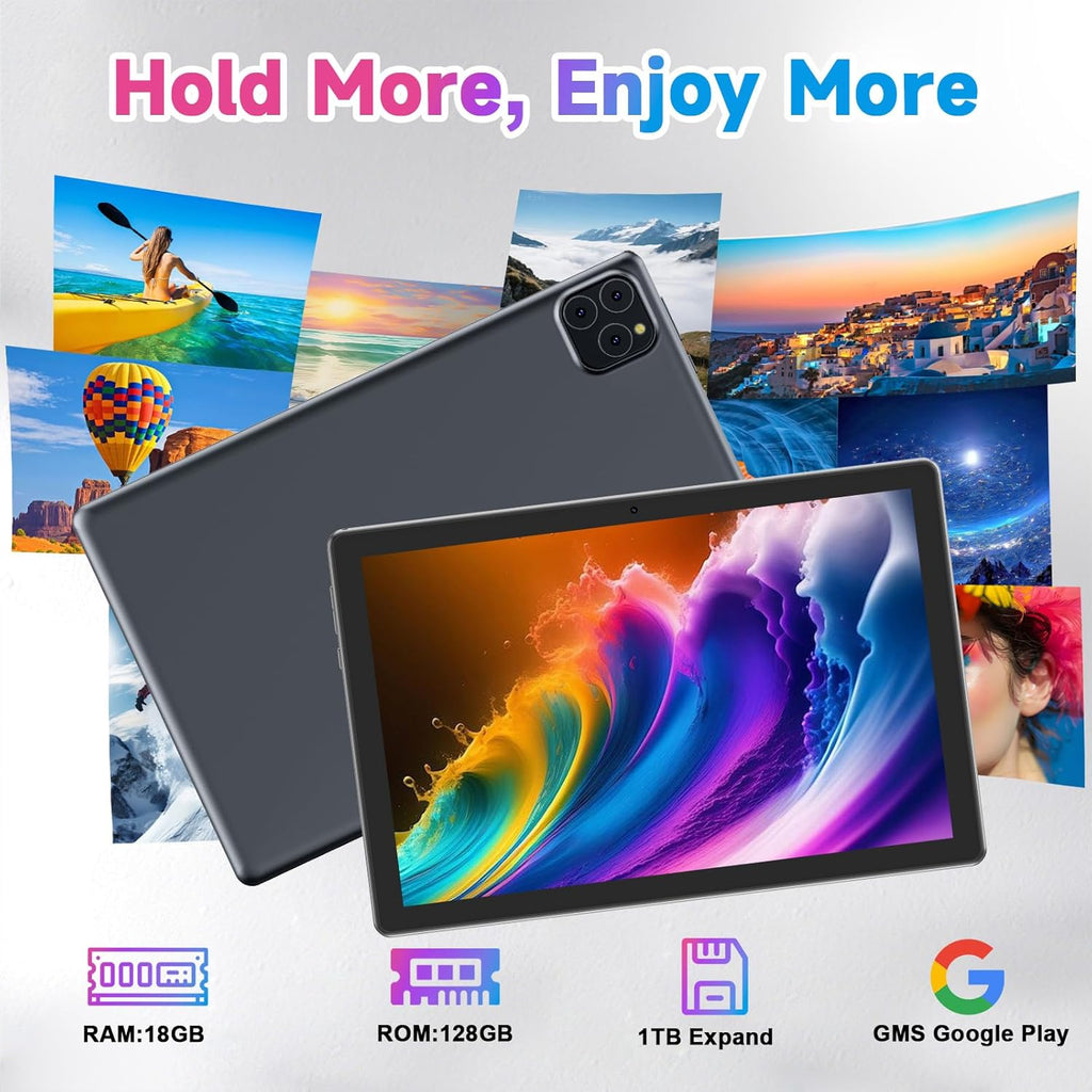 Tablet Android 15 10 Inch 18GB RAM+128GB ROM/ 2TB Expandable Tablet, 1280 * 800 HD Touch Screen, 5G WiFi6 BT 5.0, 2 in 1 Tablets with Keyboard Case Mouse Stylus (Black)