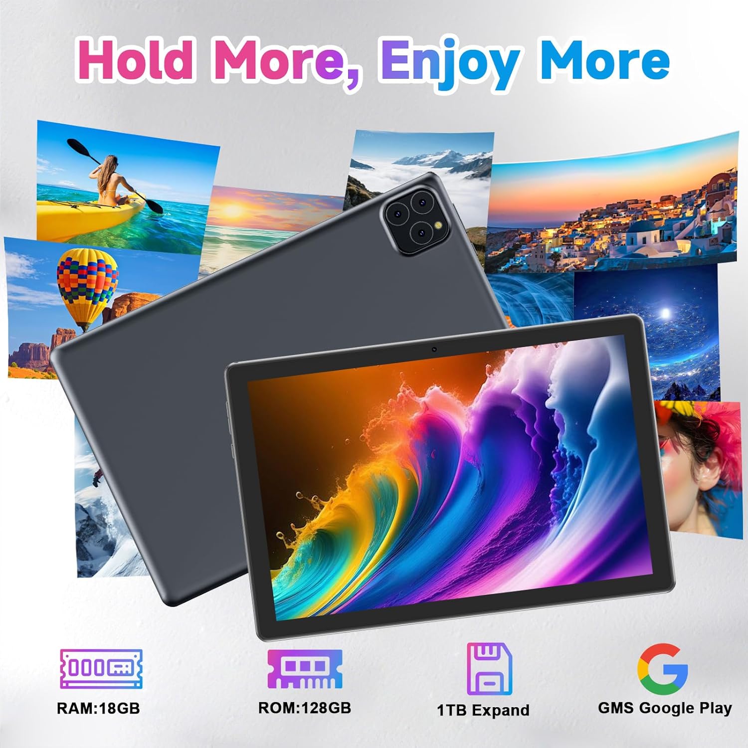 Tablet Android 15 10 Inch 18GB RAM+128GB ROM/ 2TB Expandable Tablet, 1280 * 800 HD Touch Screen, 5G WiFi6 BT 5.0, 2 in 1 Tablets with Keyboard Case Mouse Stylus (Black)