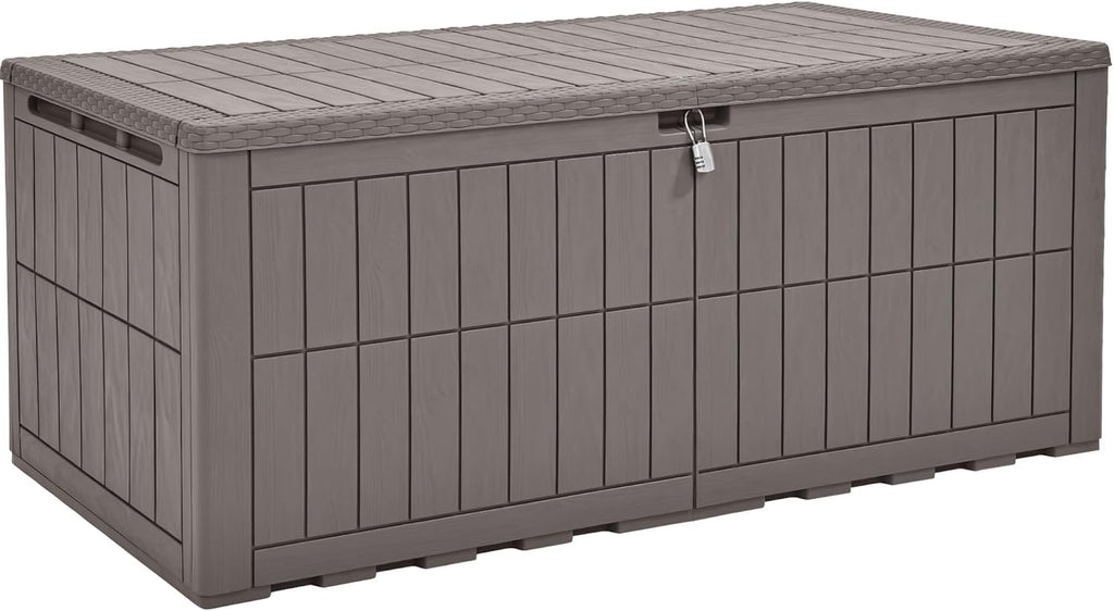 YITAHOME XL 200 Gallon Large Deck Box, Waterproof Resin Outdoor Storage Box with Lock and 3-Person Bench Seating for Patio Furniture Cushions,Garden Tools & Pool Accessories, Light Brown