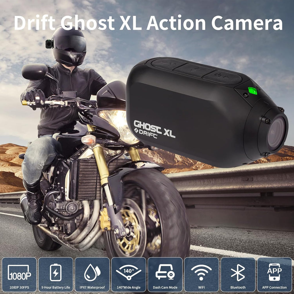 DRIFT Ghost XL 9 Hour Battery Action Camera, 1080P IPX7 Waterproof Helmet Camera, WiFi Remote Control Sport Cameras Wearable for Vlog Motorcycle Bicycle Cam