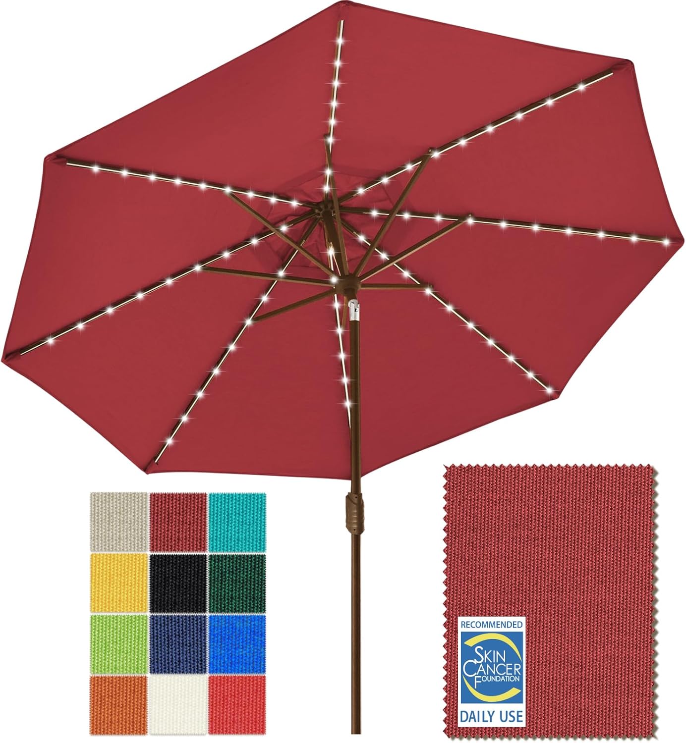 EliteShade USA 10-Year-Non-Fading 9ft Market Patio Umbrella, Commercial Grade Table Sun Umbrella with 80 Solar LED Lights, Crank Open, Windproof & UPF 50+ UV Protection for Garden, Deck, Pool, Backyard, Burgundy