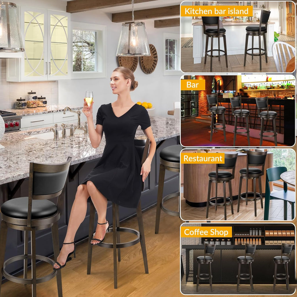 PrimeZone Swivel Bar Stools Set of 2, 32 Inch Tall Bar Height Barstools, Black Faux Leather Bar Stool with High Backrest & Solid Wood Legs & Wrap-Around Footrest, Counter Stools for Pub