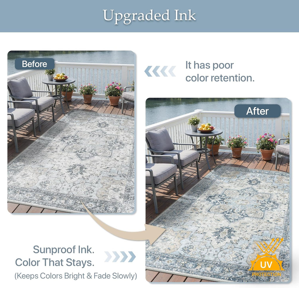 GENIMO Outdoor & Indoor Area Rug 8'x10', Waterproof, Non-Shedding, Easy Cleaning, Boho Mat for Patio, Living Room, Balcony, Dining Room, RV, Deck, Bedroom, Camping, Outside Carpet,Blue