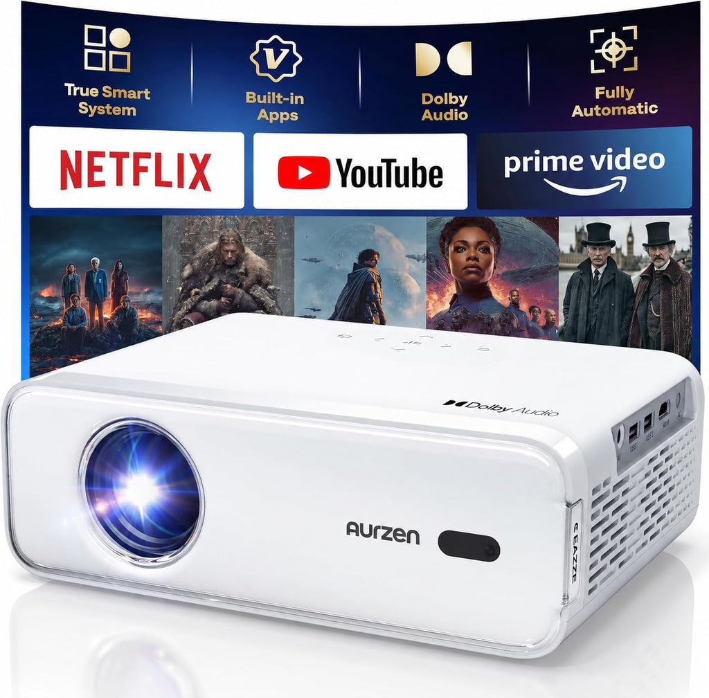 Aurzen EAZZE D1 Smart Projector with WiFi and Bluetooth, Built-in APP, Auto Focus/Keystone, DoIby Audio 16W Speakers, Native 1080P, HDR10, Portable Mini Outdoor Movie Projector