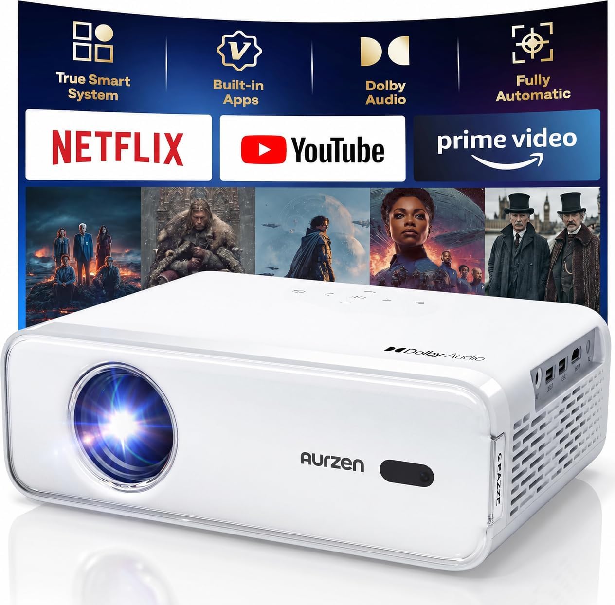 Aurzen EAZZE D1 Smart Projector with WiFi and Bluetooth, Built-in APP, Auto Focus/Keystone, DoIby Audio 16W Speakers, Native 1080P, HDR10, Portable Mini Outdoor Movie Projector